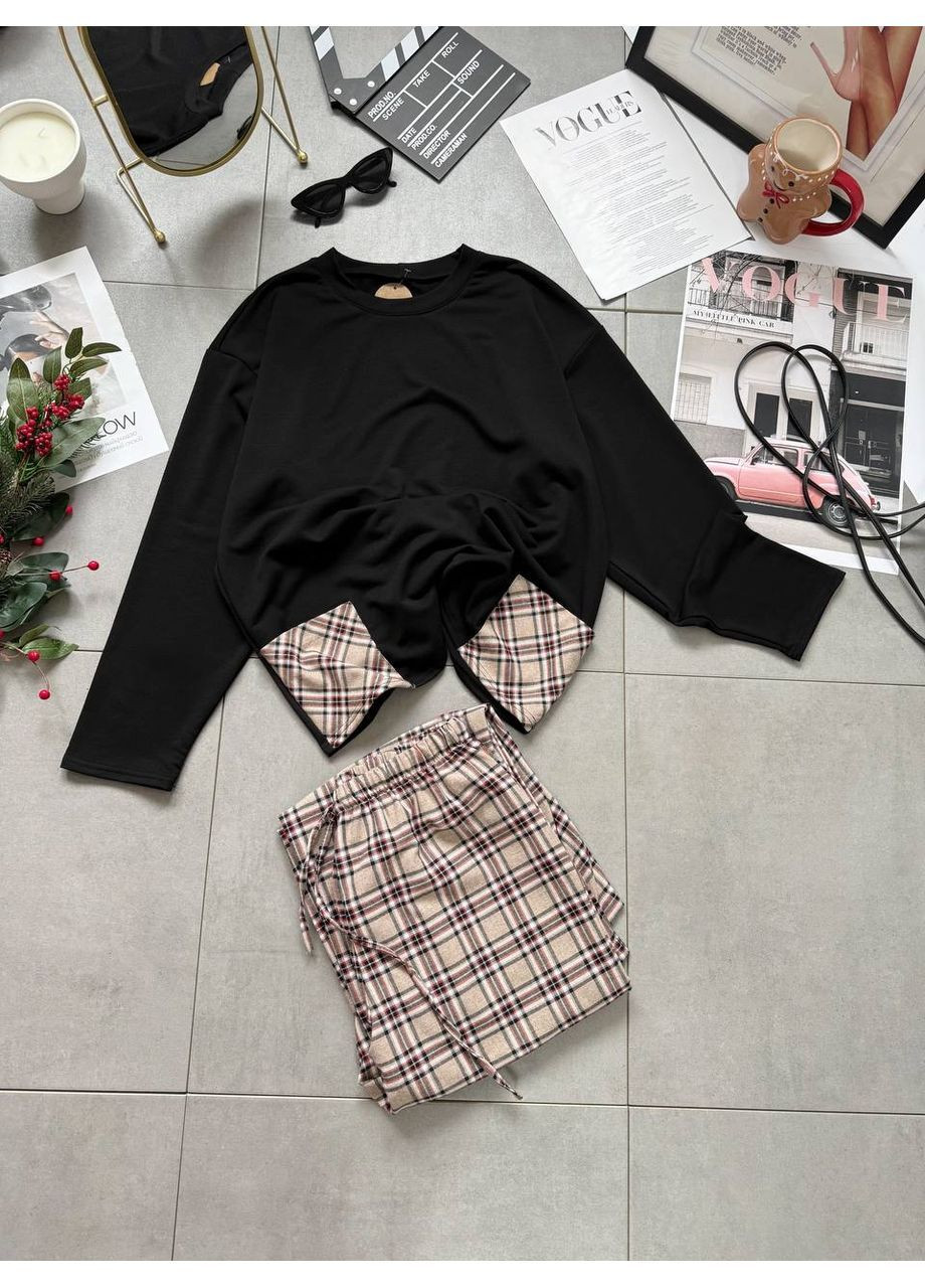 Чорна всесезон жіноча піжама лонгслів + брюки No Brand