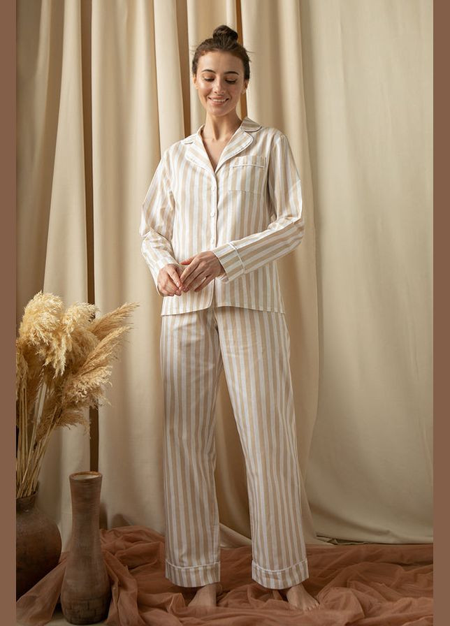 Бежевая всесезон хлопковая пижама с брюками рубашка + брюки Forly Lines HL0010-69-69 beige