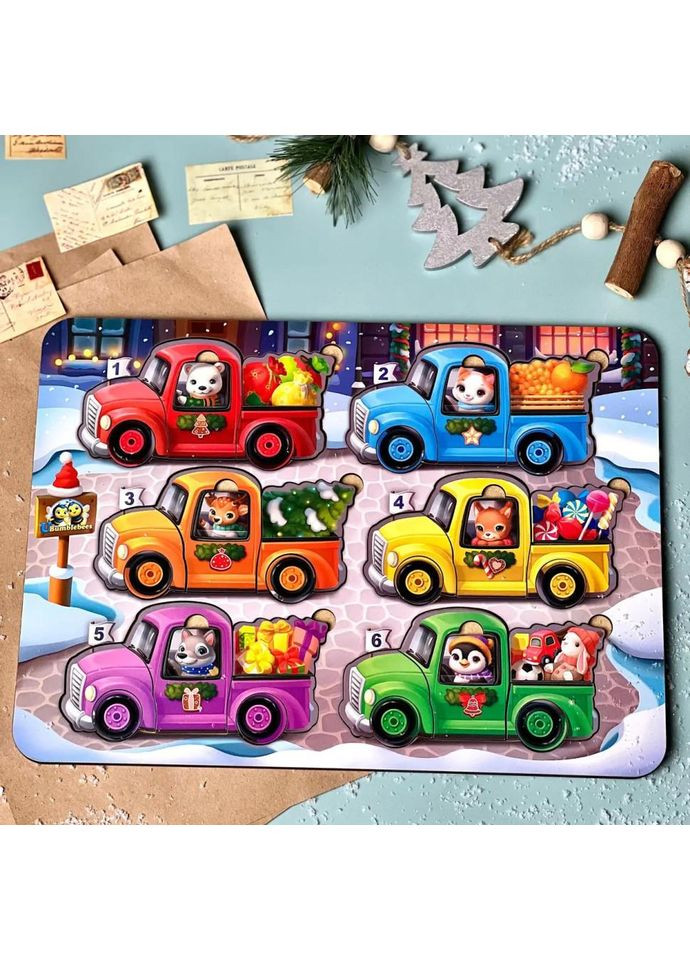 Дерев'яна гра з картками "Тварини на машинках" (ПСФ132) PSF132, 42 деталі та 12 карт Ubumblebees (371357585)