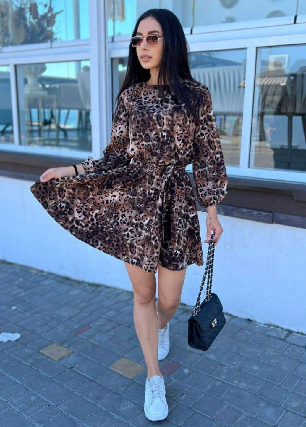 Коричневое повседневный изысканное леопардовое платье с рукавами фонарик семь восьмых и поясом в комплекте Allthings леопардовый