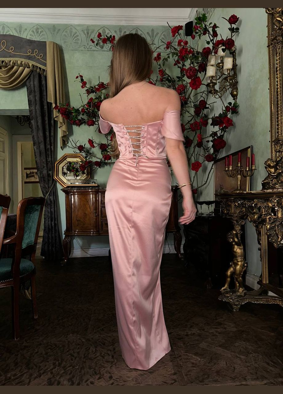 Пудрова святковий, коктейльна, вечірня корсетна сукня з відкритими плечима, з корсетом Україна