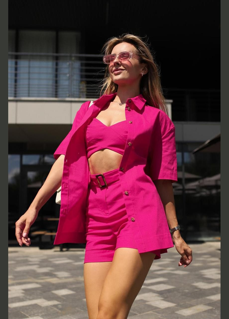 Женский комплект (рубашка, топ, шторты), трэндовый летний лляной костюм, подойдет для встреч и прогулки Intruder (360071936)