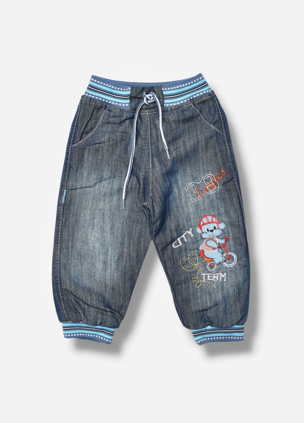 Синие зимние зауженные джинсы детские для мальчика синего цвета зима на меху Let's Shop