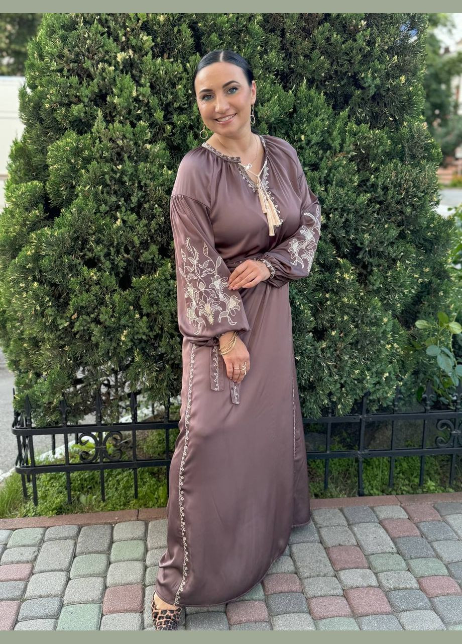 Світло-коричнева шовкова вишита сукня BeART візерунок квітковий приталена, вільна шовк, штучний шовк (299629710)