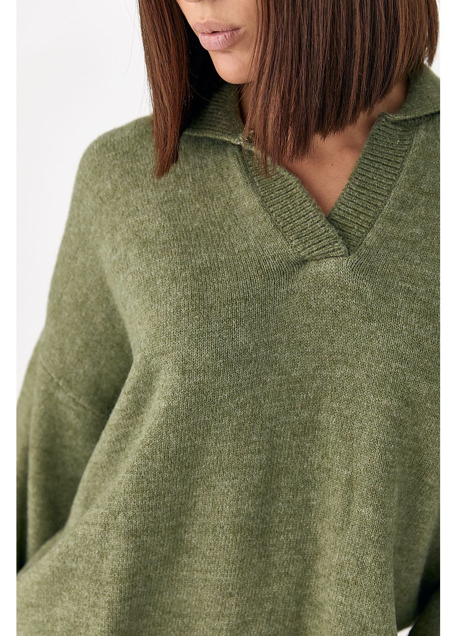 Оливковий (хакі) демісезонний в'язаний однотонний светр-поло No Brand