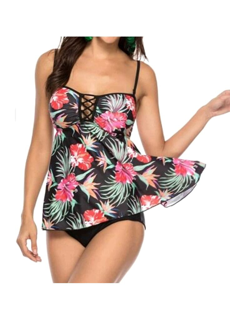 Чорно-білий літній купальник-сукня жіноча роздільна танкіні великий розмір чорний зі шнурівкою й квітами купальник-сукня, танкіні No Brand 1500