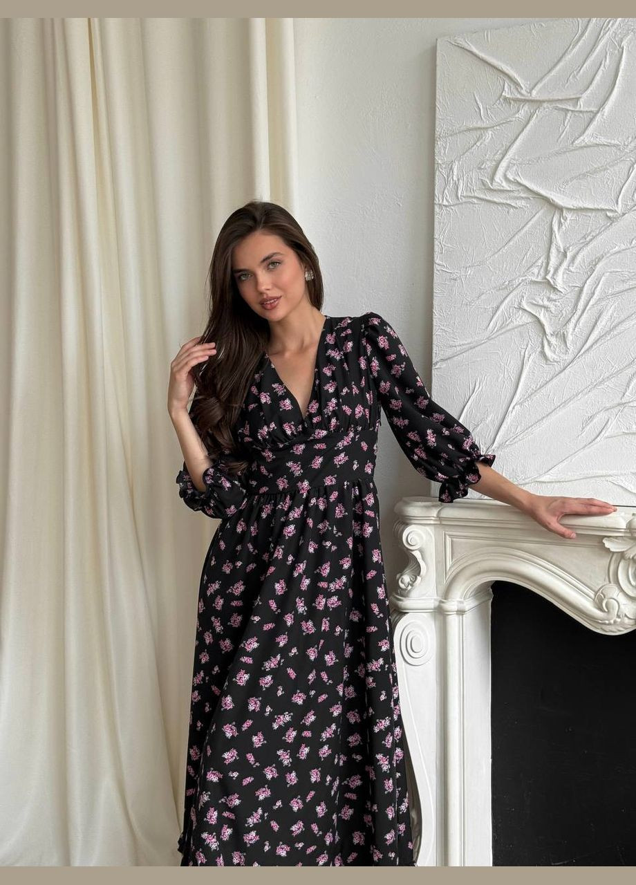 Черное повседневный, кэжуал платье в цветочный принт No Brand с цветочным принтом