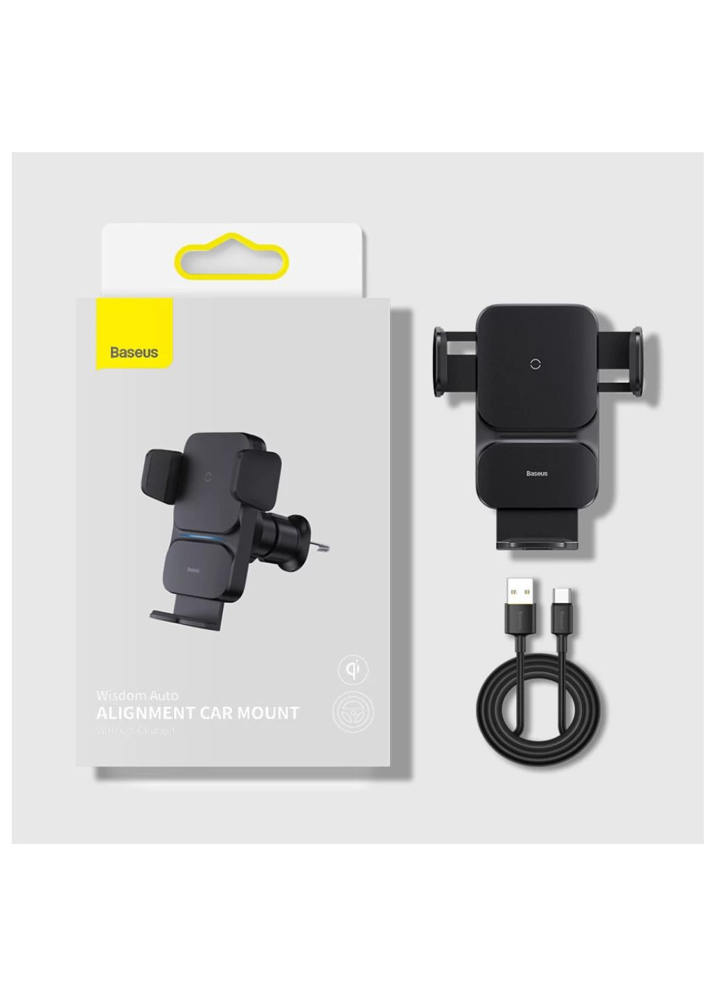 Автотримач для телефона з бездротовим ЗП Wisdom Auto Alignment Car Mount Wireless Charger з технологією Qi 15W Чорний Baseus (360528281)