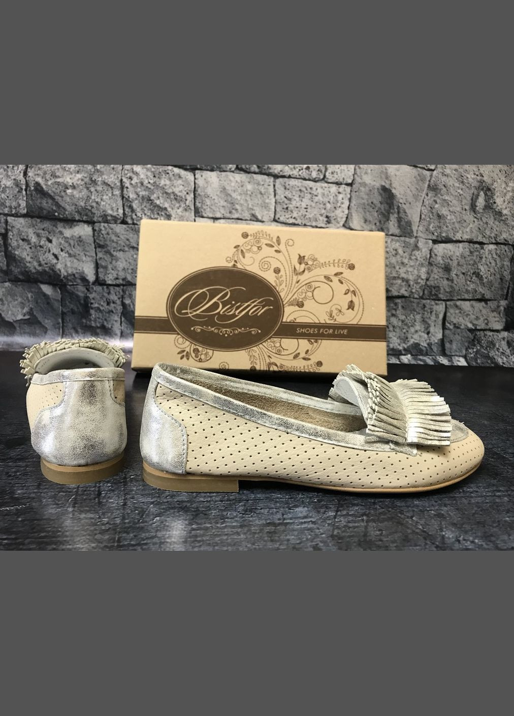 Женские женские кожаные перфорированные балетки, украина 40 Bistfor | серебряные перфорация натуральная кожа (303727786)