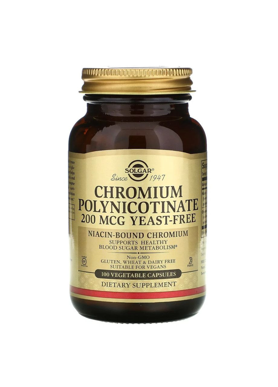 Хром полінікотинат (Chromium Polynicotinate) 200 мкг 100 вегетаріанських капсул Solgar (361116507)