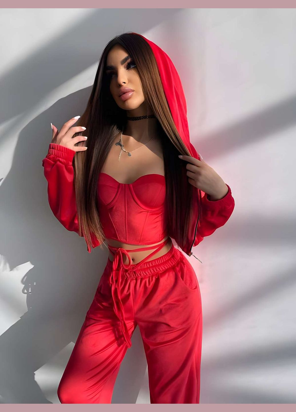 Мягкий велюровый костюм тройка с корсетом, женский спортивный костюм с капюшоном на... No Brand (331283866)