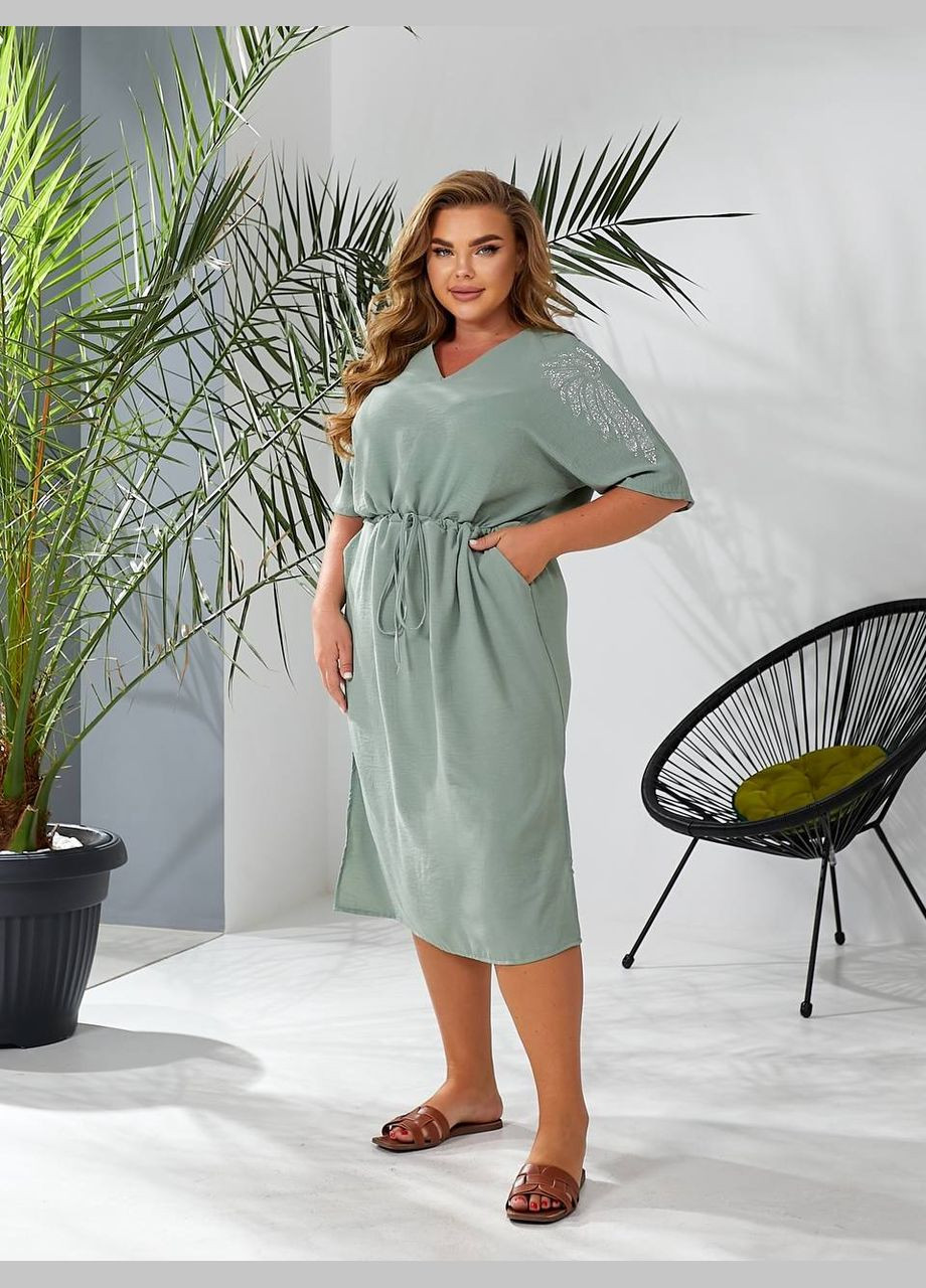 Оливковое повседневный, кэжуал женское платье с кулиской Style Point однотонное