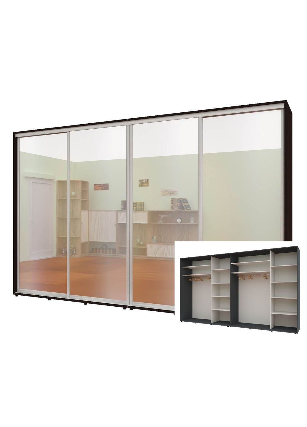 Шафа-купе чотиридверна 380*60*210 см Графіт 4 двері Дзеркало Стандарт Комфорт Меблі (360477547)