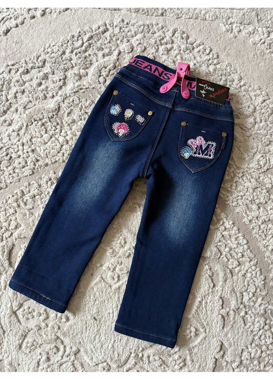 Синие зимние зимние детские джинсы на резинке для девочки с подтяжками 92 104 флис No Brand