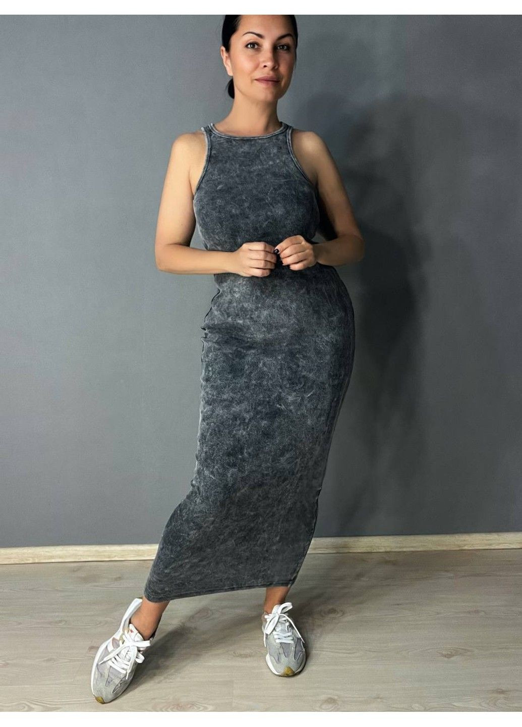 Чорна сукня жіноча 240030 довга майкою варена тай-дай в рубчик MMC