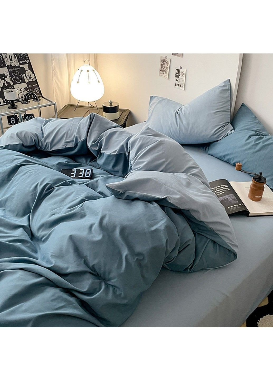 Постільна білизна двоспальна з вареної бавовни блакитного кольору No Brand (366964667)