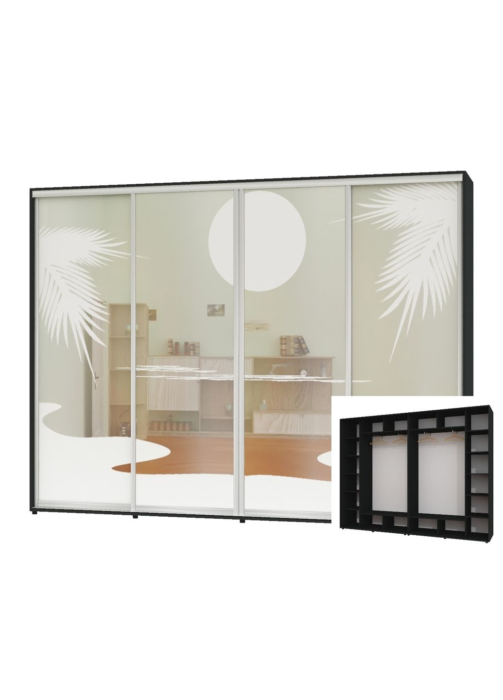 Шкаф-купе четырехдверный 300*45*240 Антрацит Зеркало с пескоструйным рисунком Алекса (360473005)