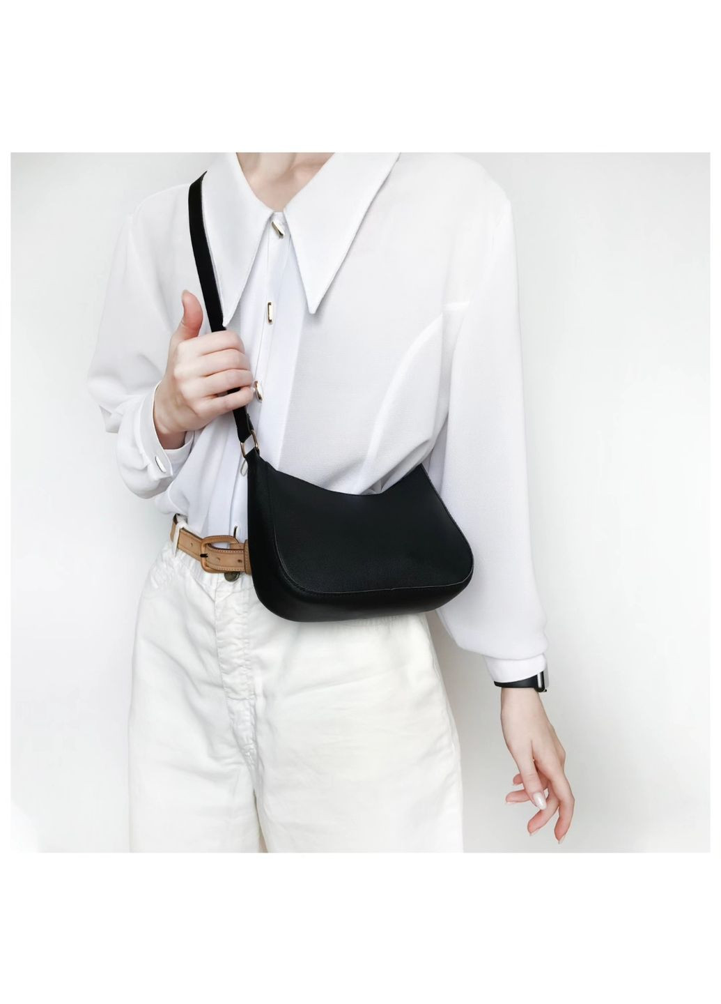 Черная сумка через плечо небольшая в винтажном стиле минимализм однотонная под кожу панк аниме гранж к-поп кросс-боди No Brand (349817727)