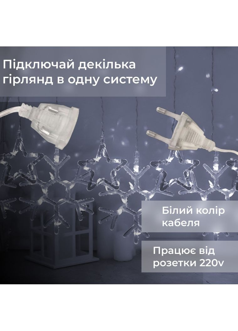 Гірлянда-штора Зірки та сніжинки розмір 3*0,9 м 10 фігур, білий No Brand (365598801)