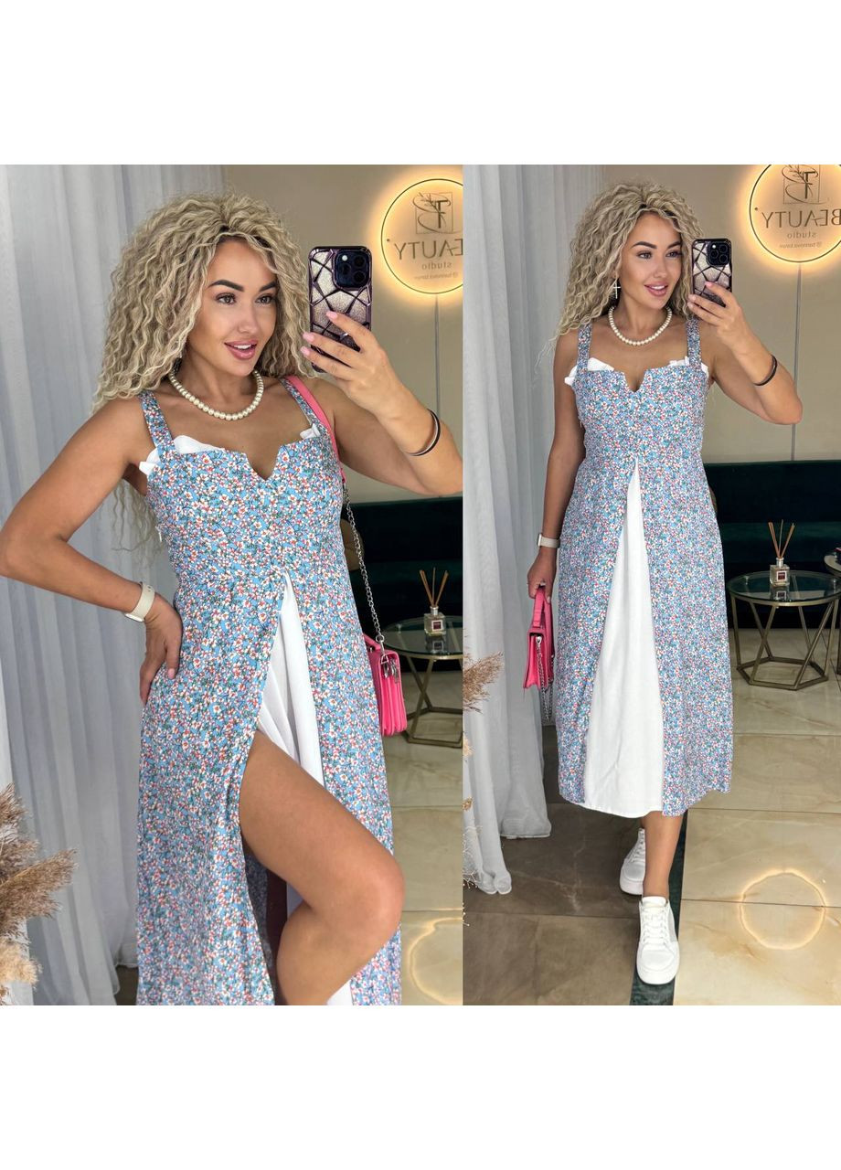 Блакитна повсякденний, вечірня, кежуал жіноча сукня в квітку FINO Mode з квітковим принтом