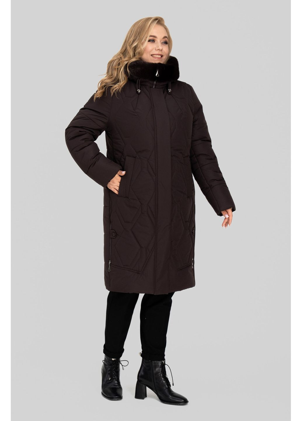 Коричневе зимнє Пальто жіноче Евеліна з капюшоном та кишенями All Posa (ap102620p) A'll Posa