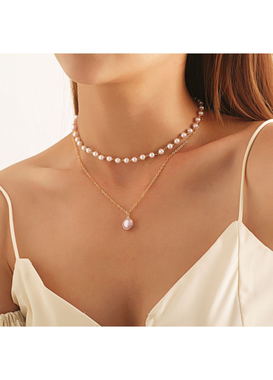 Ланцюжок жіночий подвійний золотистий з перлами No Brand Жіночі прикраси (366196463)