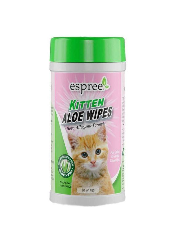 Вологі серветки з Алое Вера для очищення чутливої шкіри та шерсті котів Kitten Aloe Wipes 50 шт./уп. (748406014206) Espree (327062874)