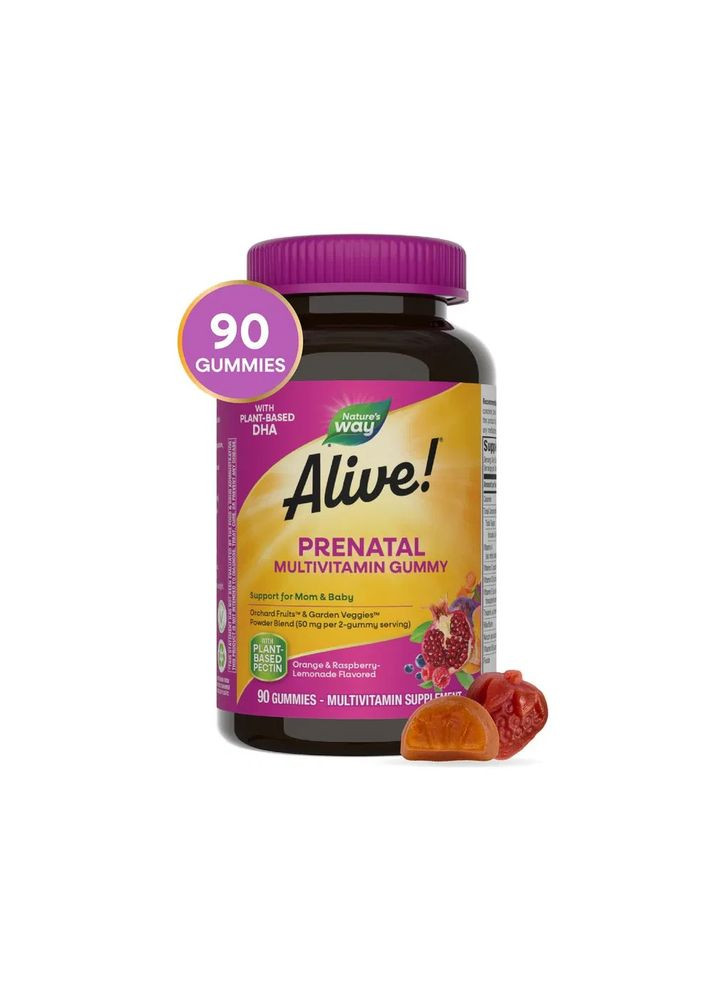 Пренатальные мультивитамины с ДГК Prenatal Multi-Vitamin with DHA Alive! Апельсин и малина-лимонад 90 Nature's Way (361116041)