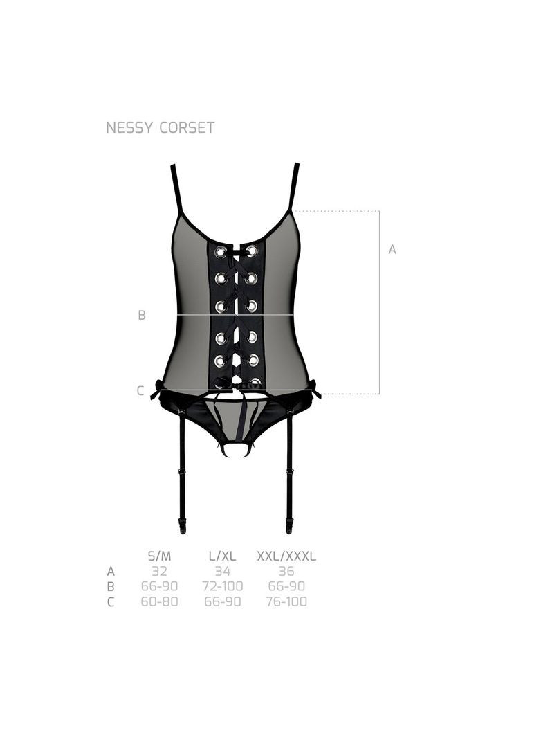 Корсет со шнуровкой NESSY CORSET XXL/XXXL black, стринги с открытым доступом, пажи для панч Passion (369951650)
