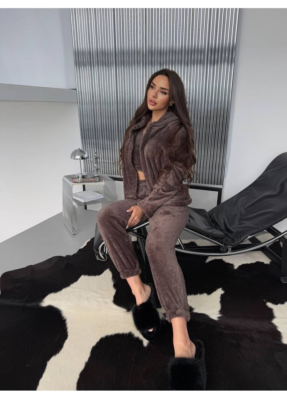 Коричневая зимняя пижама 349 тройка турецкая двухсторонняя махра топ,штаны, кофта с капюшоном Україна