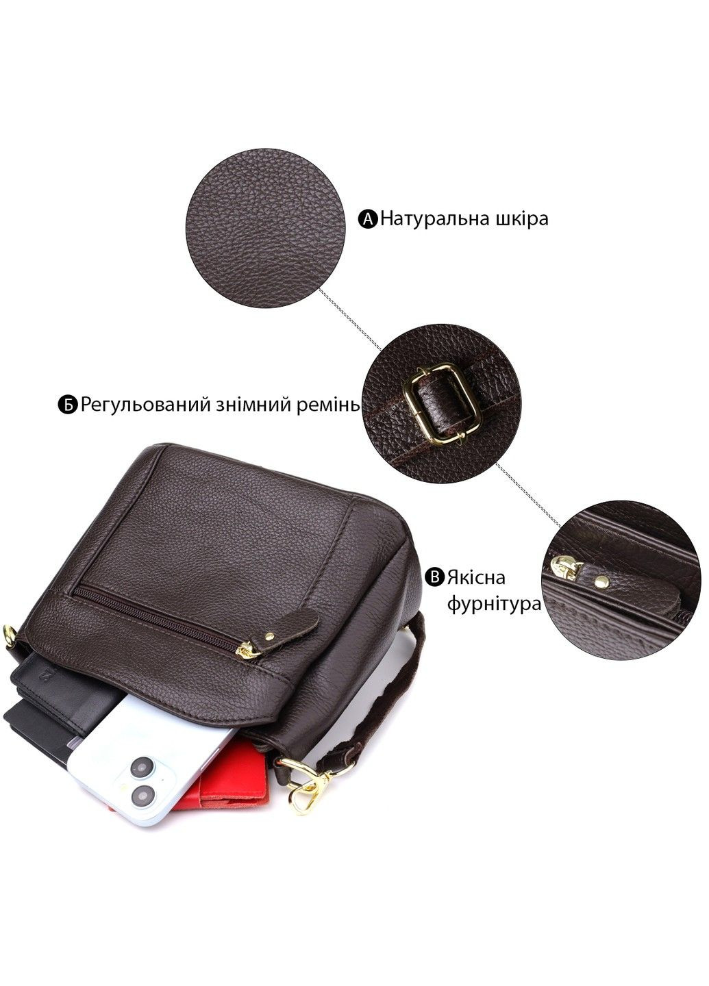 Жіноча сумка з натуральної шкіри зі зручною внутрішньою організацією 22979 Коричневий Vintage (357495022)