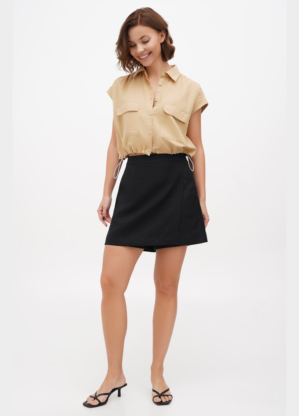Женские короткие шорты-юбка льняные на резинке с карманами однотонные Тайм. Черный, р.48, код 8421/48/147 ГАЛЕРЕЯ ЛЬОНУ (333164635)