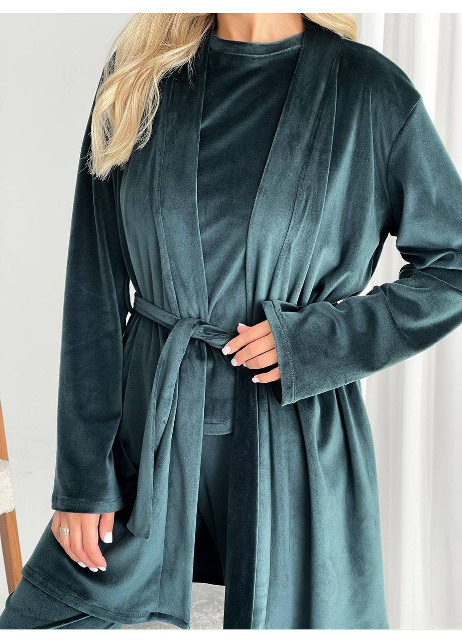 Темно-зеленая женская велюровая пижама тройка Osoblyva