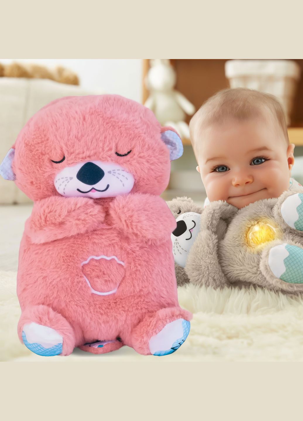 Успокаивающая мягкая игрушка-обнимашка ночник для сна с функцией дыхания "Сказочная выдра" Розовый (HA-400) No Brand (334011248)