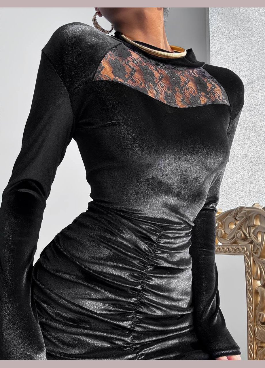 Черное праздничный, коктейльное, вечернее бархатное платье с кружевом No Brand