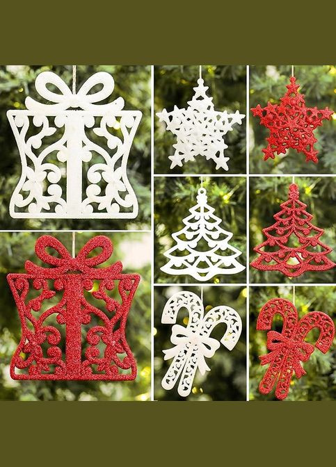 Набір новорічних прикрас Madelyn 24 шт. (9-13 см) червоні та білі зі блискітками (металеві гачки) Valery (304974569)