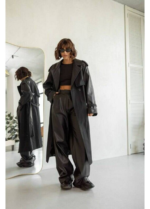 Черное демисезонное Женский однобортный Тренч Mix из экокожи и хлопка (mil523) milirud