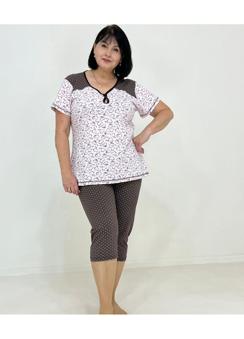 Рожево-коричнева всесезон жіночий комплект серця (футболка + бриджі) pars 58-60 коричневий (93207529-3) Triko