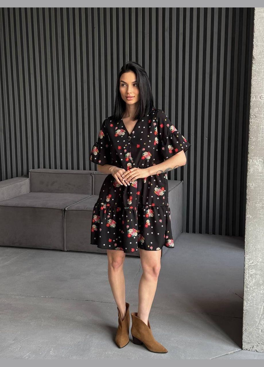 Черное легкое платье черного цвета мини 31874 а-силуэт No Brand с цветочным принтом