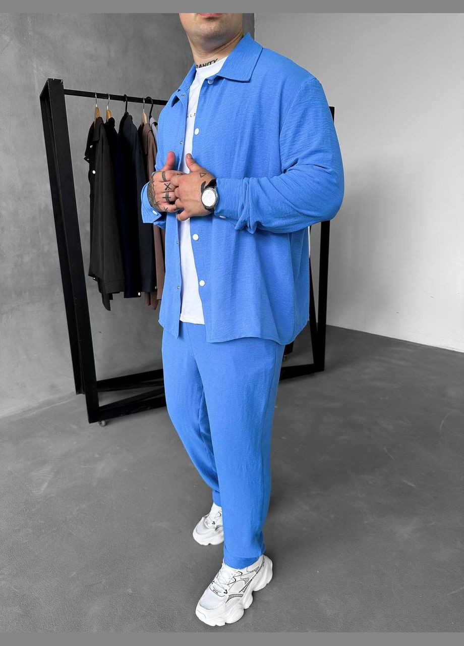 Голубой летний костюм: брюки и рубашка из легкого дышащего материала с рубашкой, брючный Україна