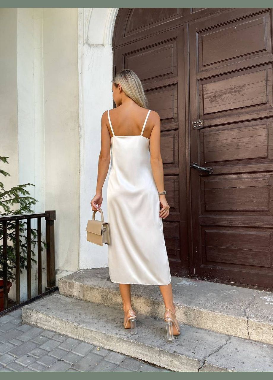 Молочна шовкова сукня міді на бретельках молочного кольору 33527 Fashion однотонна