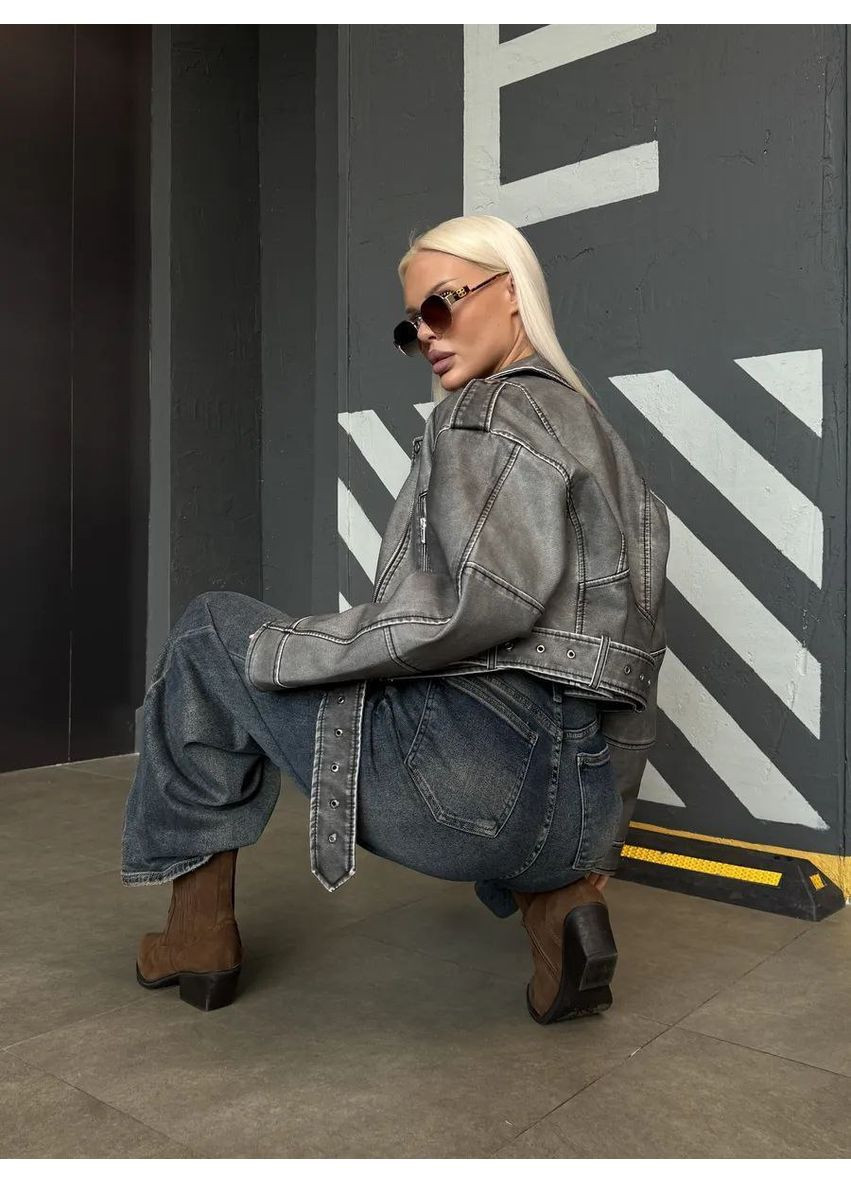 Серая демисезонная куртка косуха укороченная vintage,эко кожа Україна