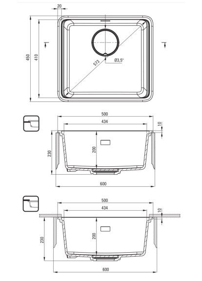 Мийка кухонна Momi, граніт, квадрат, без крила, 500х440х230мм, чаша - 1, універсальна, Deante (315602334)