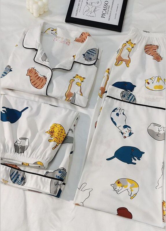 Белая всесезон женская пижама тройка домашний комплект 3 в 1 с принтом котиков стильный комфортный набор рубашка + шорты + брюки рубашка + шорты + брюки Cindylove