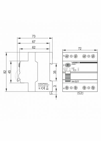 Диференційне реле RESIST АС 4п 30мА 10кА 16А (VF-RS10-DR4AC16) Videx (305755228)