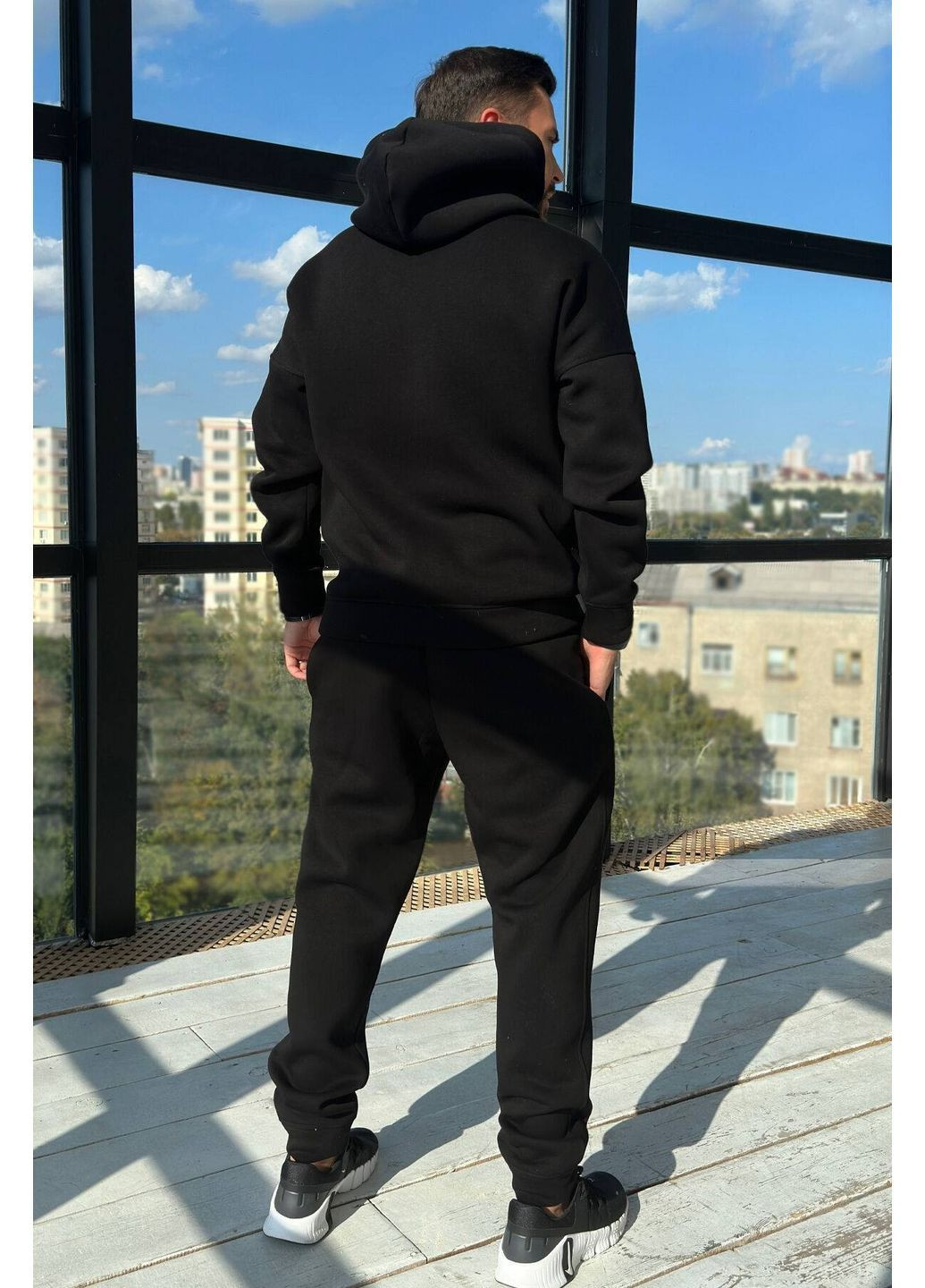 Черный демисезонный спортивный костюм тринитка на флисе (худые, брюки), цвет черный Nenka