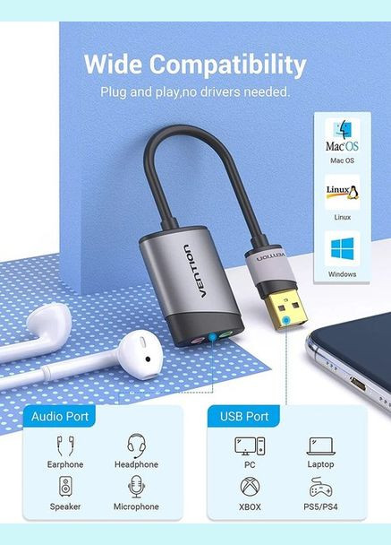 Зовнішня звукова карта-адаптер USB External Sound Card 15 см Metal Type (CDKHB) Vention (307024884)