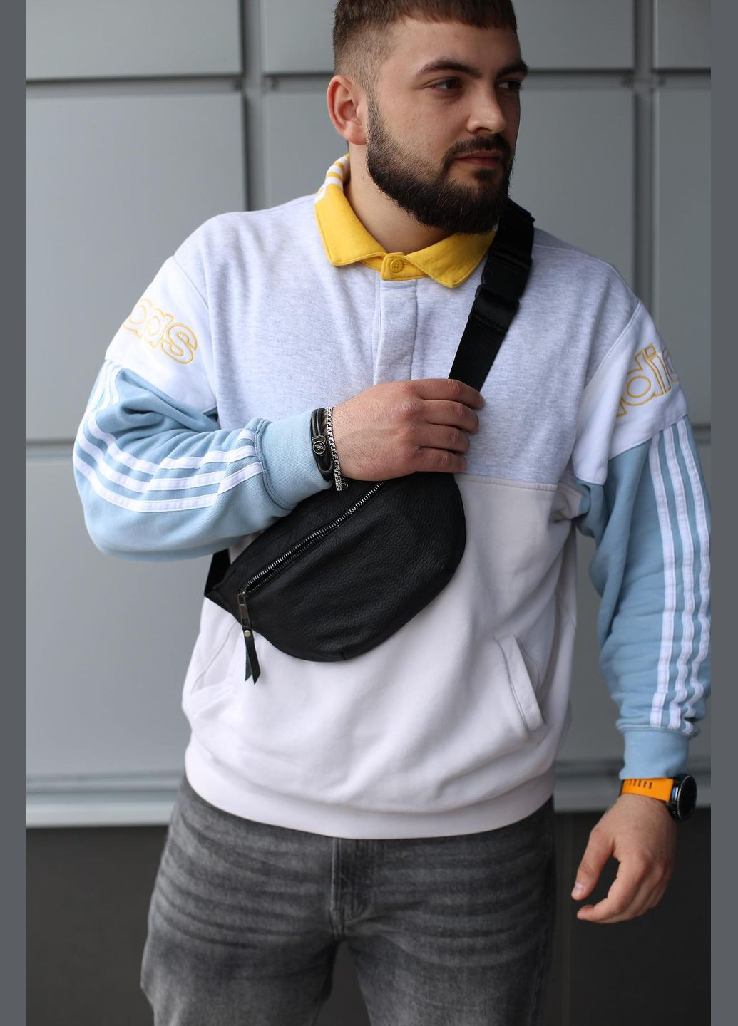 Бананка із натуральної шкіри, шкіряна сумка на пояс Line (Чорна) SKILL (323427273)