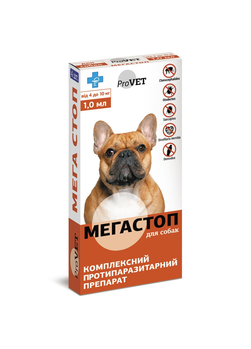 Капли от внешних и внутренних паразитов Мегастоп для собак массой тела от 4 до 10 кг, 4 пипетки по 1,0 ProVET (279565392)