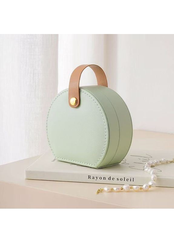 Стильна ніжно зелена компактна кругла дорожня скринька для прикрас з коричневою петелькою No Brand (325216334)